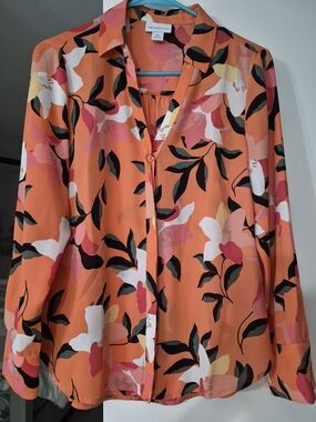 LIZ Claiborne Orange Floral Button-Up Blouse